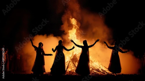 Women dancing around bonfire at night, celebration and festivity