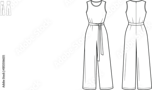 “Elegant sleeveless wide-leg jumpsuit fashion flat sketch with waist tie belt, technical CAD drawing for apparel design and illustration, vector template”
