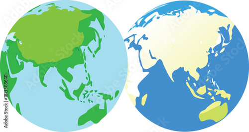 Two stylized globe representations showcasing asia with land and water features high quality