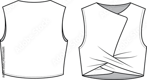 “Modern sleeveless wrapped top technical flat sketch, stylish CAD drawing apparel vector illustration for fashion design, garment template, clothing outline”