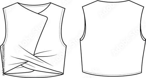 Twist front sleeveless top technical fashion sketch with draped overlay design, modern apparel template, cad drawing flat vector illustration