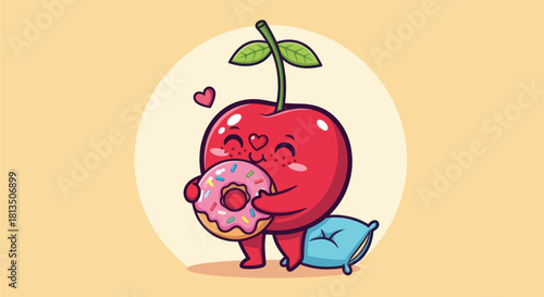 Cartoon cherry character hugging a donut with a love heart and pillow