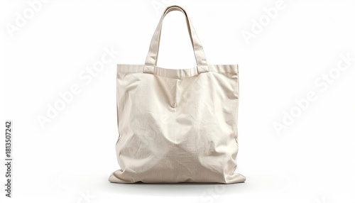 Blank canvas shopping bag stands alone, front view against bright white background