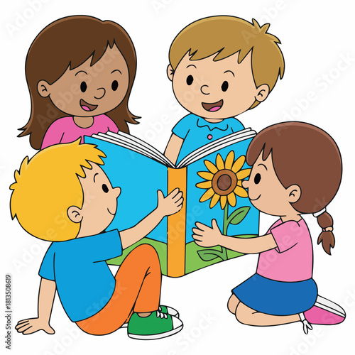 Children gathered around a book with a sunflower illustration sharing a story together happily