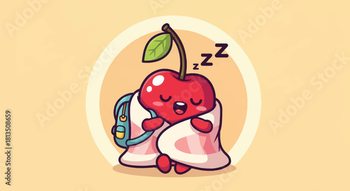 Cartoon cherry character sleeping comfortably with backpack and blanket
