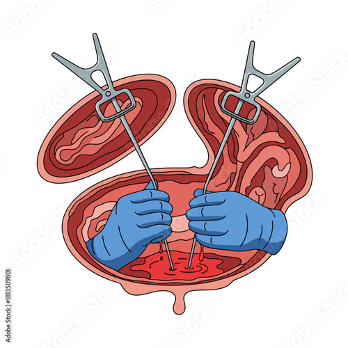 Surgical Procedure: Hands in Gloves Performing Surgery with Medical Instruments on Organ
