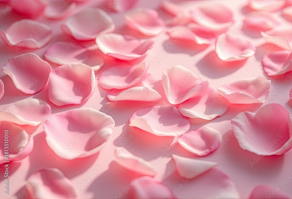Fototapeta premium Delicate rose petals scattered on a soft pink surface. Sunlight casts gentle shadows. Petals vary in shades of pink