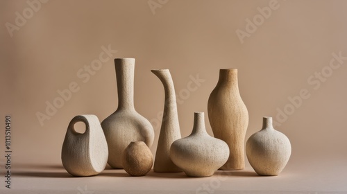 A collection of elegant ceramic vases in various shapes and sizes against a soft beige background.