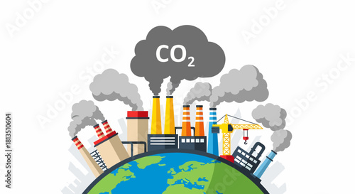 Industrial factories on Earth emitting CO2 and smoke, symbolizing global pollution and climate change.