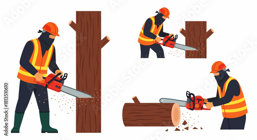 A person in safety gear using a chainsaw to cut trees and logs, illustrating different stages of lumber work.
