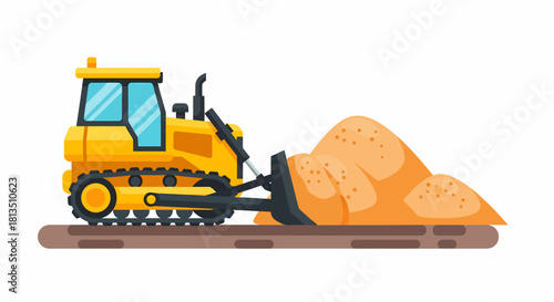 A yellow bulldozer pushing a pile of sand on a brown surface, construction equipment.