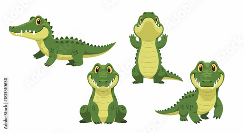 Cartoon illustration of four cute green crocodiles in different poses.