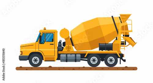 Bright yellow concrete mixer truck, an essential industrial vehicle for construction, depicted in a flat vector illustration on a white background.