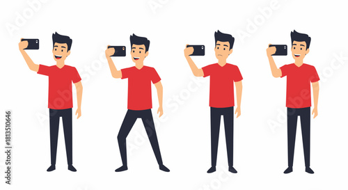 Four illustrations of a man in a red shirt taking selfies with a smartphone in different poses.