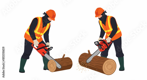 Two vector illustrations of a worker in safety gear, including a helmet and vest, using a chainsaw to cut a large wooden log.