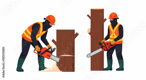 Two lumberjacks wearing safety gear using chainsaws to cut down trees in a forest.