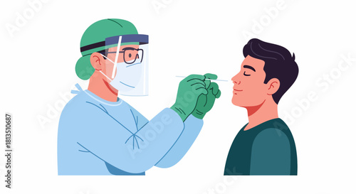 Illustration of a healthcare worker administering a nasal swab test to a patient.