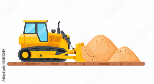 A yellow bulldozer pushing a pile of sand on a construction site, ready for work.