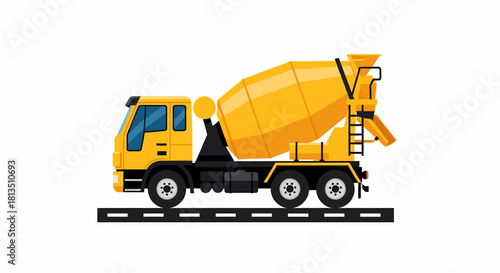 Yellow cement truck on a road, side view, vector illustration.