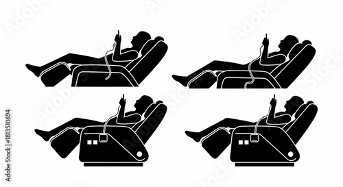 Set of four silhouettes showing a person relaxing in different positions on a reclining massage chair.