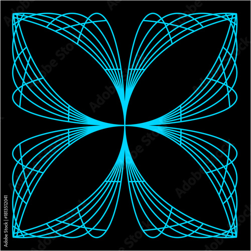 A glowing cyan geometric bloom unfolds symmetrically, forming four curved lattice petals that overlap gracefully, creating a hypnotic floral illusion against deep black.