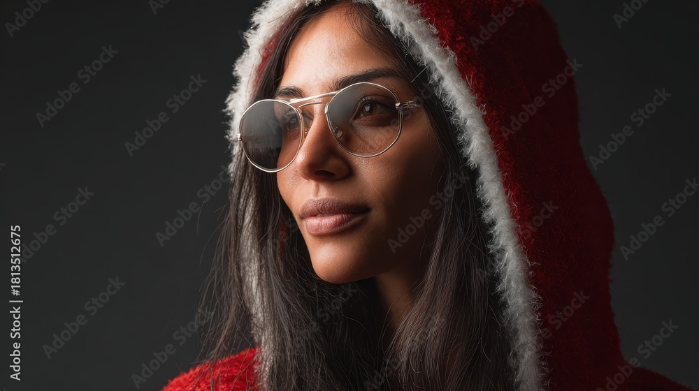 Obraz premium attractive cool female santa claus with sunglasses portrait she has long hairs and red and white heat generative ai