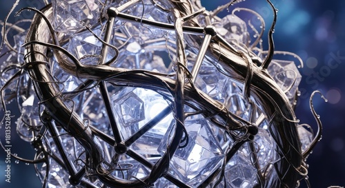 Abstract Crystal Sphere with Metal Framework - A Study in Light and Texture.
