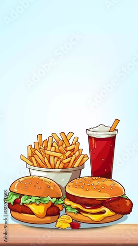 Delicious cartoon burgers with crispy fries and a refreshing soda perfect for a fast food feast or a fun food animation