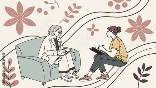 Calming pastel 3D floral waves with textile façade lines in peaceful psychologist room with doctor and patient therapy 