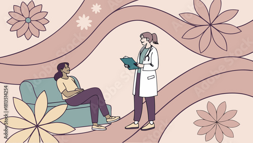 Calming pastel 3D floral waves with textile façade lines in peaceful psychologist room with doctor and patient therapy session