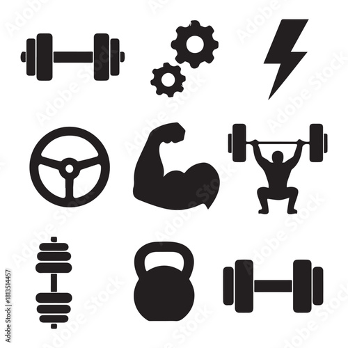 Gym gear icons, dumbbells, gear wheels, lightning bolt, steering wheel, strength symbol, power training, vector 