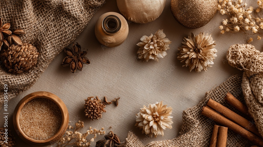 Fototapeta premium Warm Christmas background top-down view with dried flowers, cinnamon sticks, wooden elements, central copyspace, rustic elegance, natural holiday aesthetic 