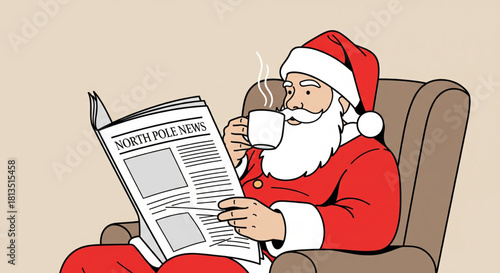 Jolly Santa Claus enjoys a peaceful morning, unwinding in his favorite armchair with a warm drink and a daily newspaper, preparing for holiday cheer