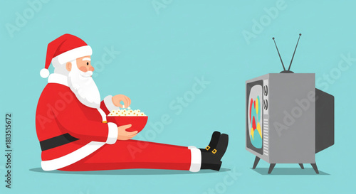Funny cartoon Santa Claus character relaxing on the floor, eating popcorn and watching a movie on a retro television set