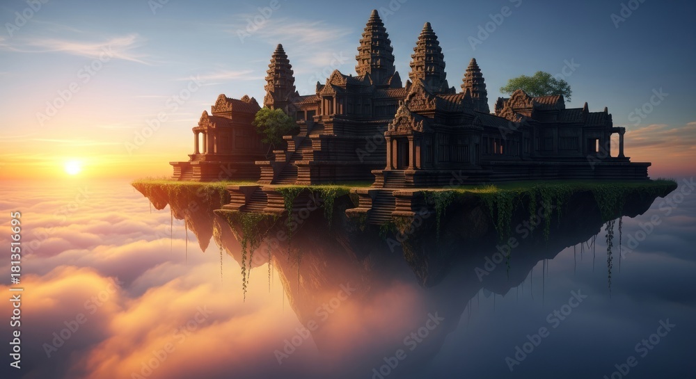 Naklejka premium Angkor Wat Temple Floating in the Clouds at Sunset.