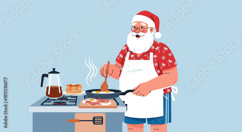 Santa Claus Cooking Breakfast on Christmas Day, a Festive Holiday Illustration