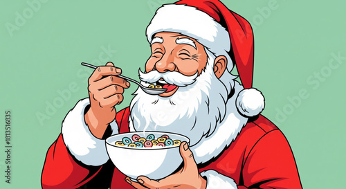 Santa Claus enjoying a festive bowl of colorful breakfast cereal with a spoon, embodying holiday cheer and morning joy