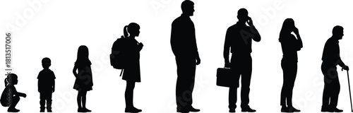 Human life stages silhouette, childhood to old age, growth timeline vector, aging concept art, cad drawing flat vector illustration