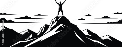 Mountain peak silhouette, person celebrating success, achievement and victory pose, rugged summit art, cad drawing flat vector illustration