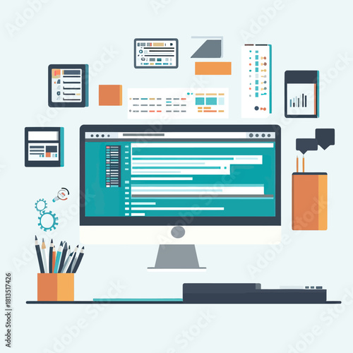 Computer programming workspace with code editor on desktop monitor surrounded by digital charts, graphs, pencils, and coding tools flat vector illustration