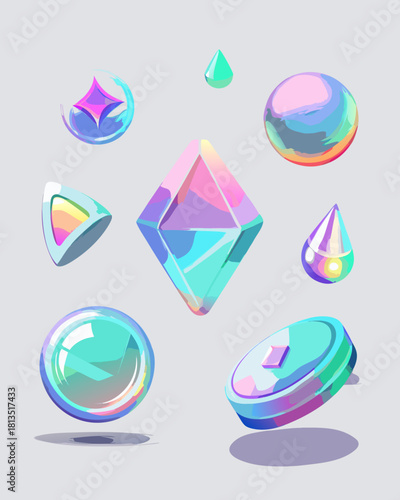 Collection of fantasy game assets with gemstones and shiny orbs