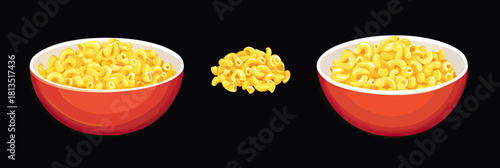 Two bowls of creamy macaroni and cheese with separate serving of elbow pasta isolated on black background flat minimalist vector illustration food menu concept
