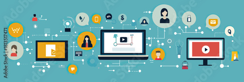 Flat vector illustration of connected digital devices and diverse people sharing media content and communication icons symbolizing online collaboration and social networking technology concept