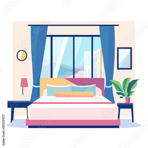 Modern bedroom interior with large bed cushion pillows nightstand lamp potted plant window curtains cityscape view minimalist flat design vector illustration