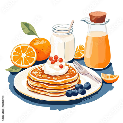 Stack of pancakes with whipped cream and berries, fresh orange slices, jar of yogurt, and glass bottle of juice on blue plate, watercolor style breakfast illustration