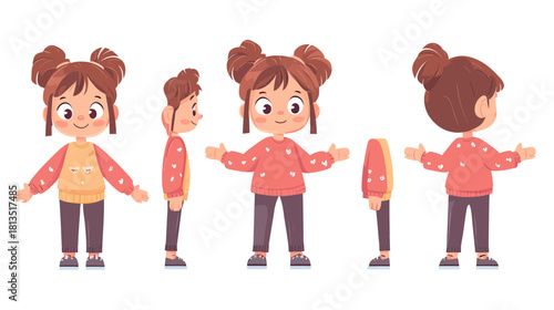 Cute cartoon little girl character front side back views wearing pink sweater with heart pattern and dark pants isolated on white background vector illustration