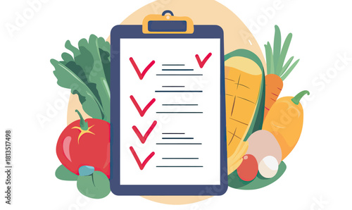 Checklist with red checkmarks and assorted fresh vegetables including tomato, carrot, bell pepper, cucumber, corn, and leafy greens flat vector illustration for healthy diet planning and nutrition