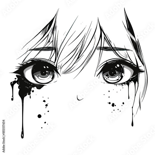 Close up manga eyes with paint dripping from face, black and white anime girl illustration, emotional expression, minimalist vector art on white background