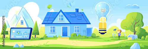 Smart home energy saving concept with house solar panels, eco friendly light bulb, device standby mode, and nature landscape in flat vector style