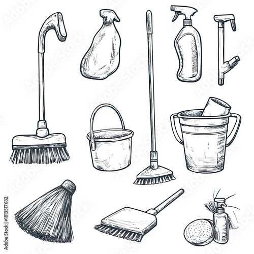 Hand drawn black and white cleaning tools set with mop bucket broom spray bottle dustpan sponge illustrating household cleaning equipment sketch style vector illustration
